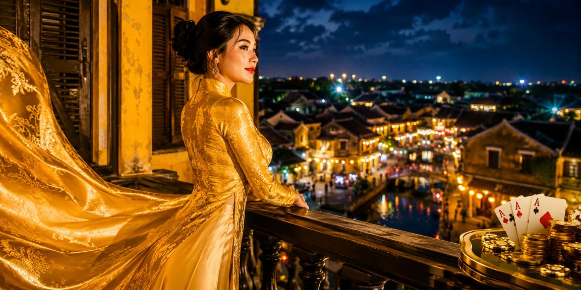 Người chơi thưởng thức trò chơi bài tại Hội An trong không gian truyền thống áo dài